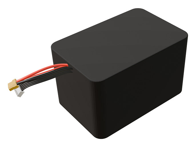 Side-angle render of a 21.6-volt 14000mAh lithium-ion battery, assembled in the USA for compact UAV, drone, and military robotics platforms.