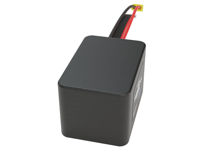 Side-angle render of a 21.6-volt 20000mAh lithium-ion battery, assembled in the USA for compact UAV, drone, and military robotics platforms.