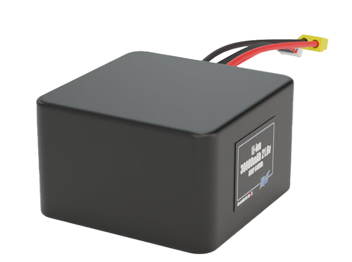 Side-angle render of a 21.6-volt 30000mAh lithium-ion battery, assembled in the USA for compact UAV, drone, and military robotics platforms.