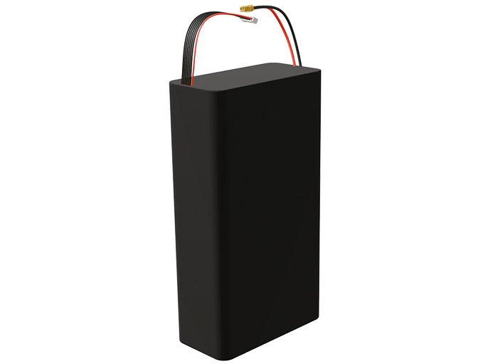 Side-angle render of a 21.6-volt 40500mAh lithium-ion battery, assembled in the USA for compact UAV, drone, and military robotics platforms.