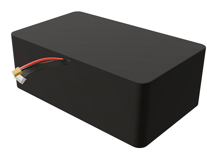 Side-angle render of a 21.6-volt 50000mAh lithium-ion battery, assembled in the USA for compact UAV, drone, and military robotics platforms.