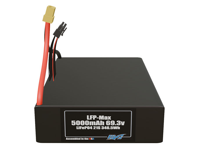Front-facing render of the 69.3V 5000mAh 21S LFP-Max LiFePO4 battery, assembled in the USA by maxamps, for drone and robotics applications.