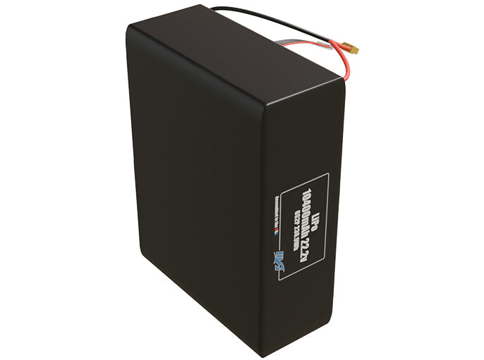 Side-angle render of a 22.2-volt 10400mAh lithium-polymer battery, assembled in the USA for compact UAV, drone, and military robotics platforms.