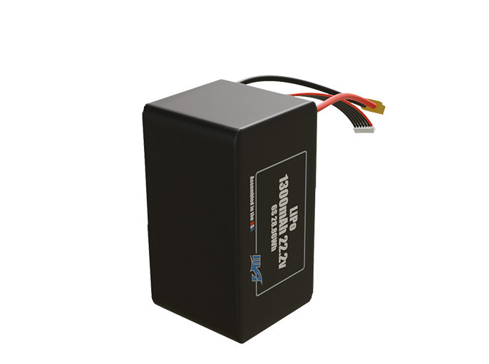 Side-angle render of a 22.2-volt 1300mAh lithium-polymer battery, assembled in the USA for compact UAV, drone, and military robotics platforms.