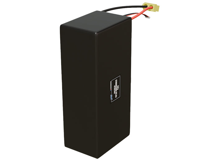 Side-angle render of a 22.2-volt 27000mAh lithium-polymer battery, assembled in the USA for compact UAV, drone, and military robotics platforms.