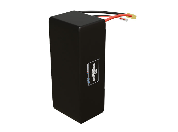 Side-angle render of a 22.2-volt 2800mAh lithium-polymer battery, assembled in the USA for compact UAV, drone, and military robotics platforms.