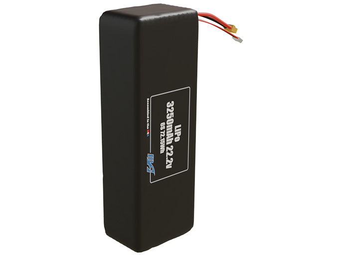 Side-angle render of a 22.2-volt 3250mAh lithium-polymer battery, assembled in the USA for compact UAV, drone, and military robotics platforms.