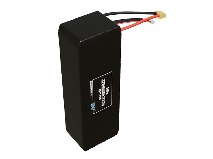 Side-angle render of a 22.2-volt 3250mAh lithium-polymer battery, assembled in the USA for compact UAV, drone, and military robotics platforms.