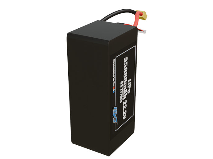 Side-angle render of a 22.2-volt 35000mAh lithium-polymer battery, assembled in the USA for compact UAV, drone, and military robotics platforms.