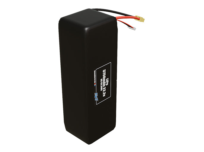 Side-angle render of a 22.2-volt 3750mAh lithium-polymer battery, assembled in the USA for compact UAV, drone, and military robotics platforms.