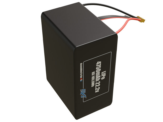 Side-angle render of a 22.2-volt 4750mAh lithium-polymer battery, assembled in the USA for compact UAV, drone, and military robotics platforms.