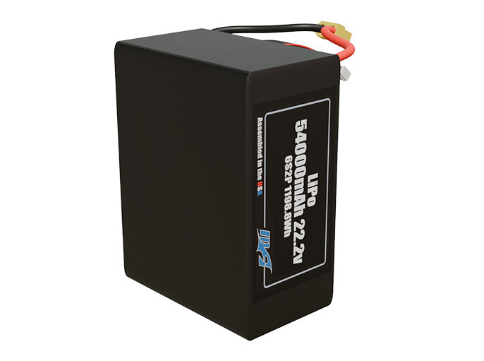 Side-angle render of a 22.2-volt 54000mAh lithium-polymer battery, assembled in the USA for compact UAV, drone, and military robotics platforms.