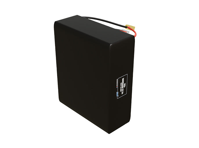 Side-angle render of a 22.2-volt 5600mAh lithium-polymer battery, assembled in the USA for compact UAV, drone, and military robotics platforms.