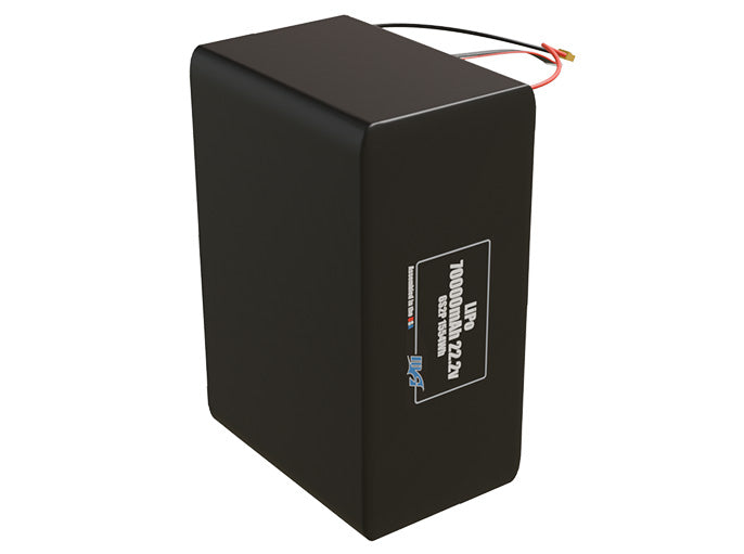 Side-angle render of a 22.2-volt 70000mAh lithium-polymer battery, assembled in the USA for compact UAV, drone, and military robotics platforms.