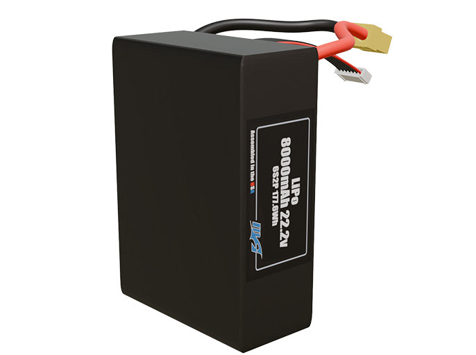 Side-angle render of a 22.2-volt 8000mAh lithium-polymer battery, assembled in the USA for compact UAV, drone, and military robotics platforms.