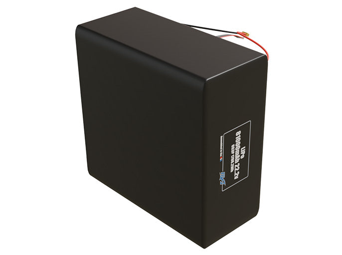 Side-angle render of a 22.2-volt 81000mAh lithium-polymer battery, assembled in the USA for compact UAV, drone, and military robotics platforms.