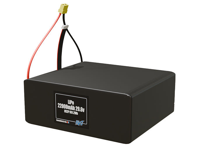 Angled product render of the 22000mAh 16-cell LiPo pack. A lightweight energy source for UAV, drone, and robotic builds.
