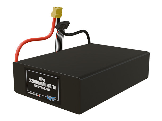 Angled product render of the 22000mAh 26-cell LiPo pack. A lightweight energy source for UAV, drone, and robotic builds.
