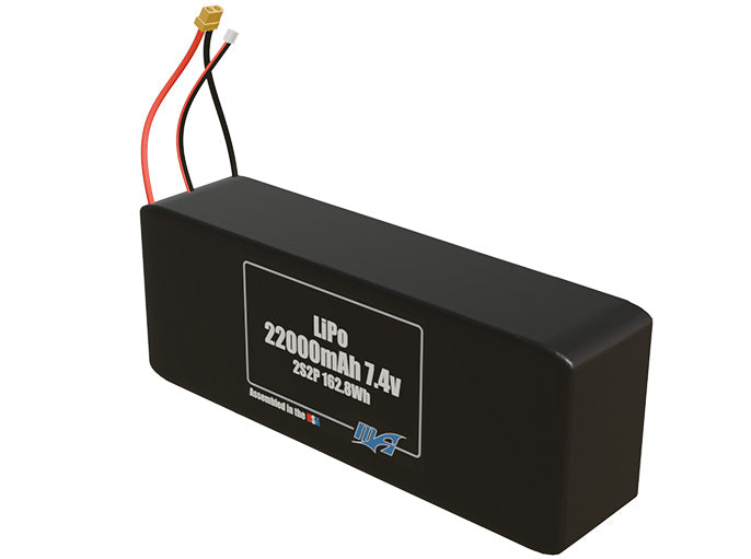 Angled product render of the 22000mAh 4-cell LiPo pack. A lightweight energy source for UAV, drone, and robotic builds.