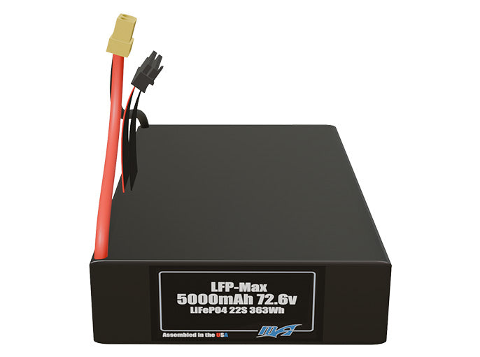 Front-facing render of the 72.6V 5000mAh 22S LFP-Max LiFePO4 battery, assembled in the USA by maxamps, for drone and robotics applications.