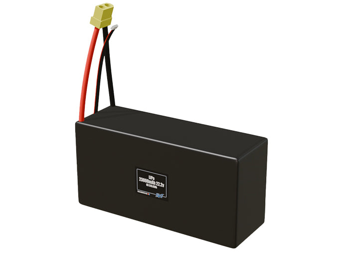 Angled product render of the 23000mAh 6-cell LiPo pack. A lightweight energy source for UAV, drone, and robotic builds.