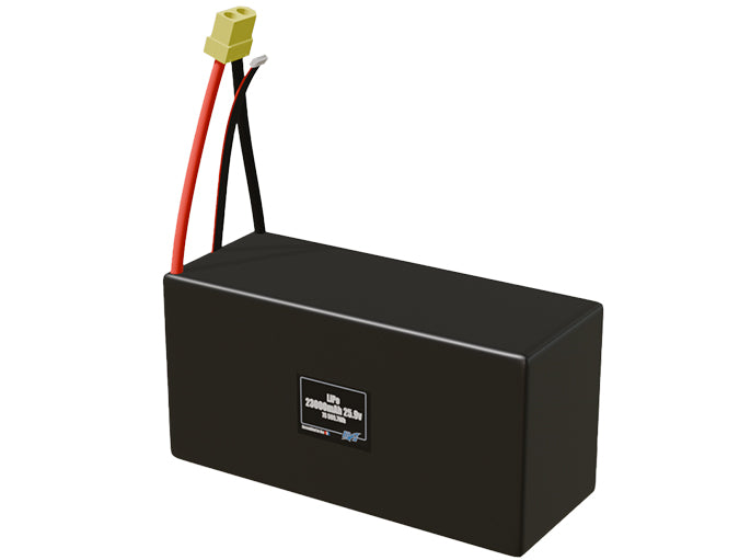 Angled product render of the 23000mAh 7-cell LiPo pack. A lightweight energy source for UAV, drone, and robotic builds.