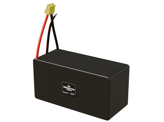Angled product render of the 23000mAh 8-cell LiPo pack. A lightweight energy source for UAV, drone, and robotic builds.