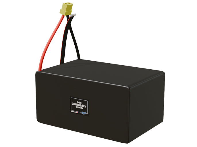 Angled product render of the 23000mAh 12-cell LiPo pack. A lightweight energy source for UAV, drone, and robotic builds.