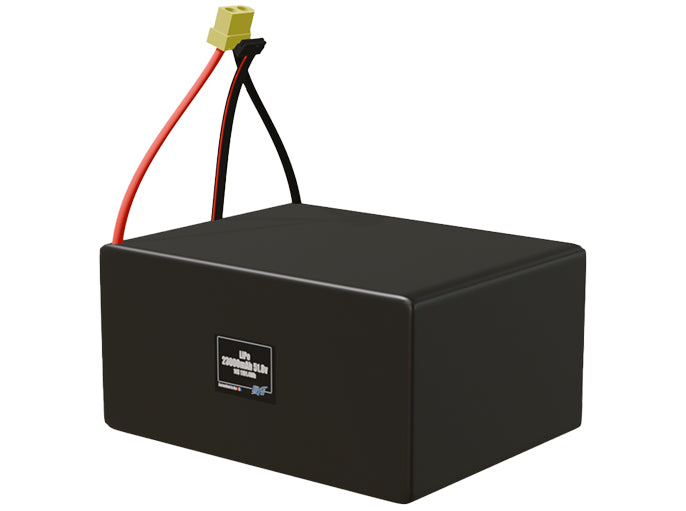 Angled product render of the 23000mAh 14-cell LiPo pack. A lightweight energy source for UAV, drone, and robotic builds.