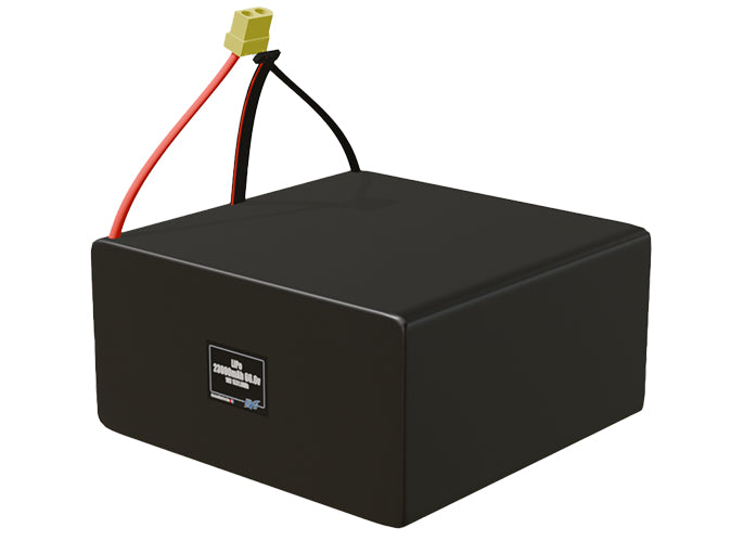 Angled product render of the 23000mAh 18-cell LiPo pack. A lightweight energy source for UAV, drone, and robotic builds.