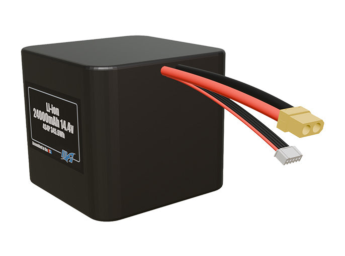 Angled product render of the 24000mAh 16-cell Lithium-ion pack. A lightweight energy source for UAV, drone, and robotic builds.