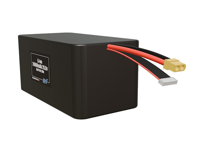 Angled product render of the 24000mAh 32-cell Lithium-ion pack. A lightweight energy source for UAV, drone, and robotic builds.