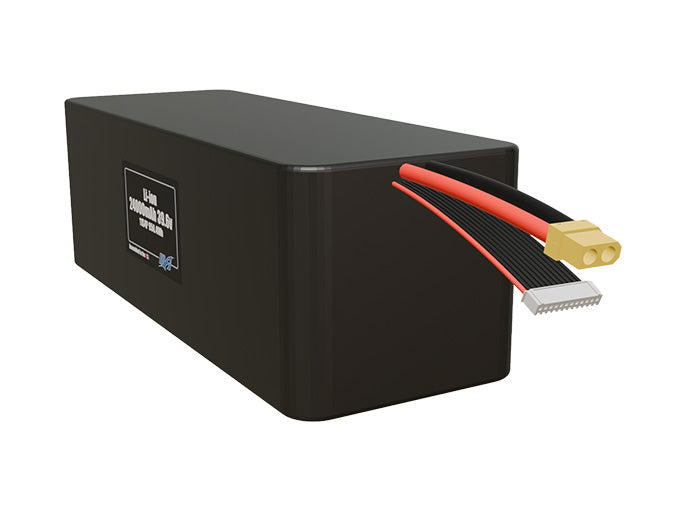 Angled product render of the 24000mAh 44-cell Lithium-ion pack. A lightweight energy source for UAV, drone, and robotic builds.