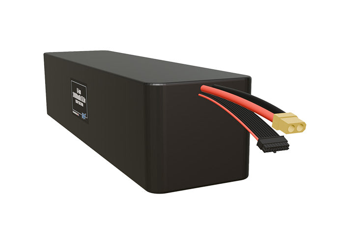 Angled product render of the 24000mAh 64-cell Lithium-ion pack. A lightweight energy source for UAV, drone, and robotic builds.