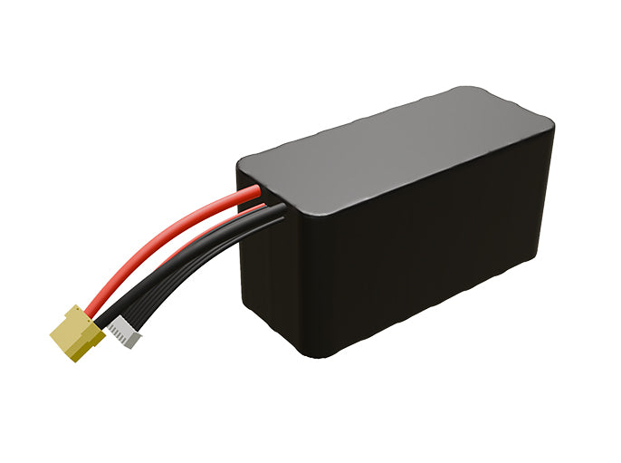 Side-angle render of a 25.2-volt 10500mAh lithium-ion battery, assembled in the USA for compact UAV, drone, and military robotics platforms.