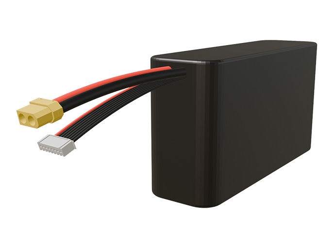Side-angle render of a 25.2-volt 12000mAh lithium-ion battery, assembled in the USA for compact UAV, drone, and military robotics platforms.