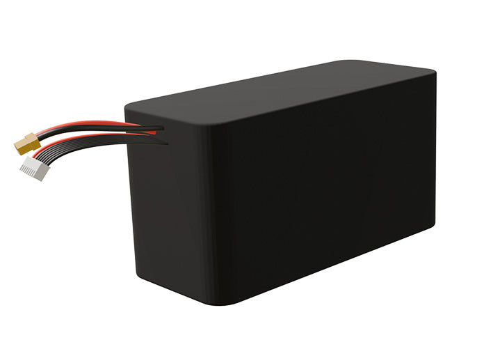 Side-angle render of a 25.2-volt 13500mAh lithium-ion battery, assembled in the USA for compact UAV, drone, and military robotics platforms.