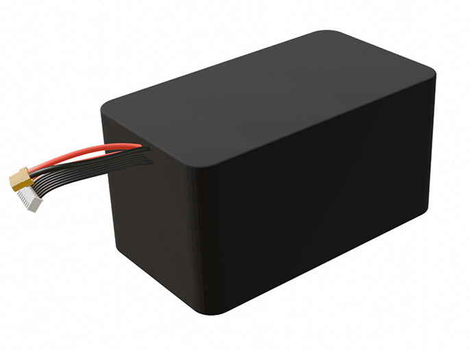 Side-angle render of a 25.2-volt 14000mAh lithium-ion battery, assembled in the USA for compact UAV, drone, and military robotics platforms.