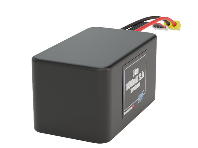 Side-angle render of a 25.2-volt 18000mAh lithium-ion battery, assembled in the USA for compact UAV, drone, and military robotics platforms.