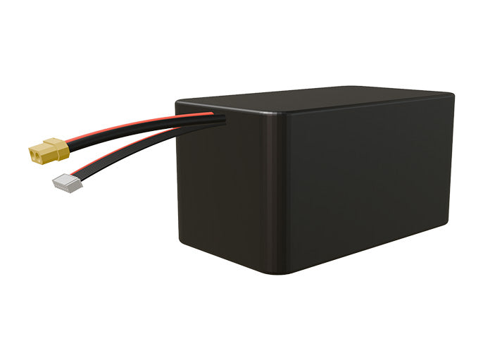 Side-angle render of a 25.2-volt 24000mAh lithium-ion battery, assembled in the USA for compact UAV, drone, and military robotics platforms.