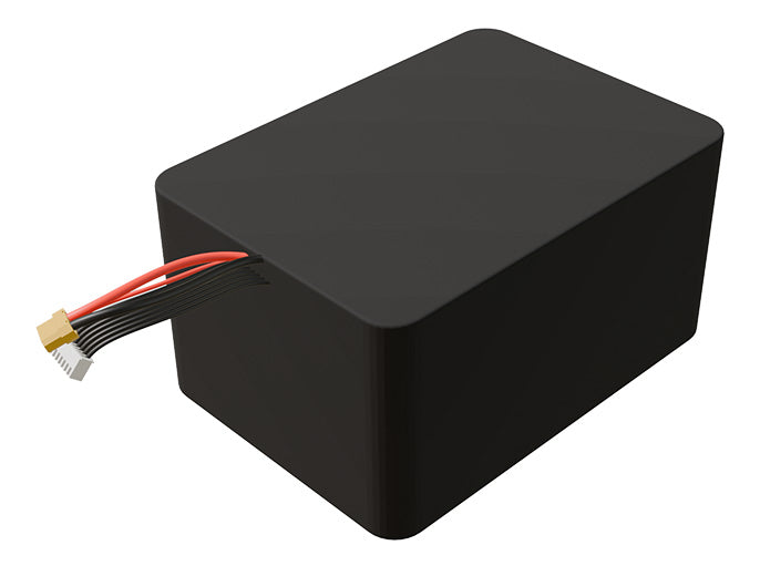 Side-angle render of a 25.2-volt 25000mAh lithium-ion battery, assembled in the USA for compact UAV, drone, and military robotics platforms.