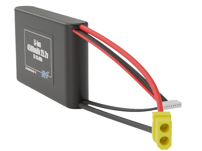 Side-angle render of a 25.2-volt 4500mAh lithium-ion battery, assembled in the USA for compact UAV, drone, and military robotics platforms.