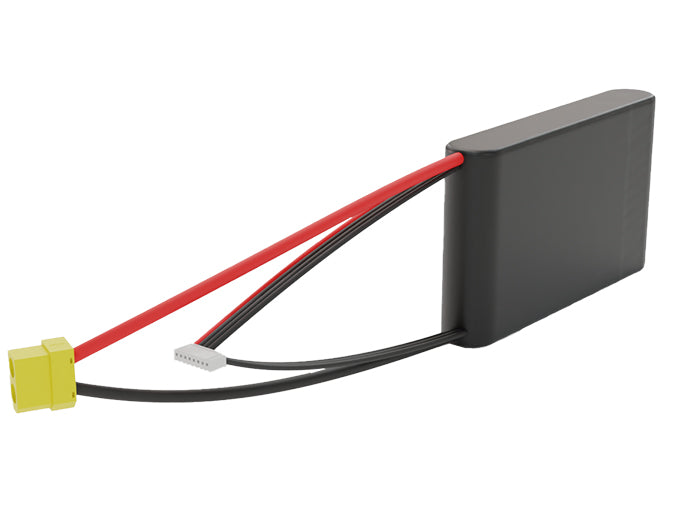 Side-angle render of a 25.2-volt 5000mAh lithium-ion battery, assembled in the USA for compact UAV, drone, and military robotics platforms.