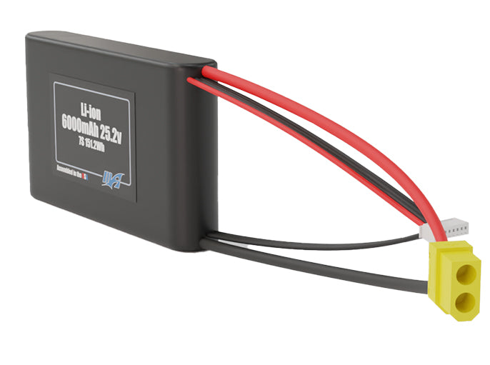 Side-angle render of a 25.2-volt 6000mAh lithium-ion battery, assembled in the USA for compact UAV, drone, and military robotics platforms.