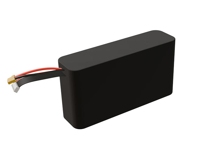 Side-angle render of a 25.2-volt 7000mAh lithium-ion battery, assembled in the USA for compact UAV, drone, and military robotics platforms.