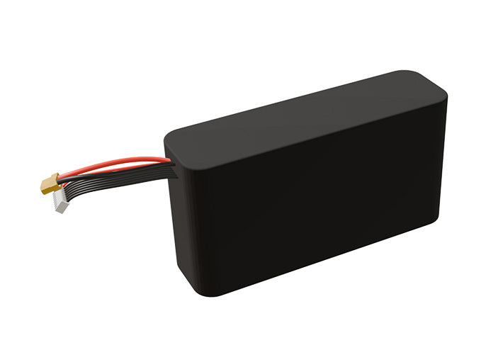 Side-angle render of a 25.2-volt 9000mAh lithium-ion battery, assembled in the USA for compact UAV, drone, and military robotics platforms.