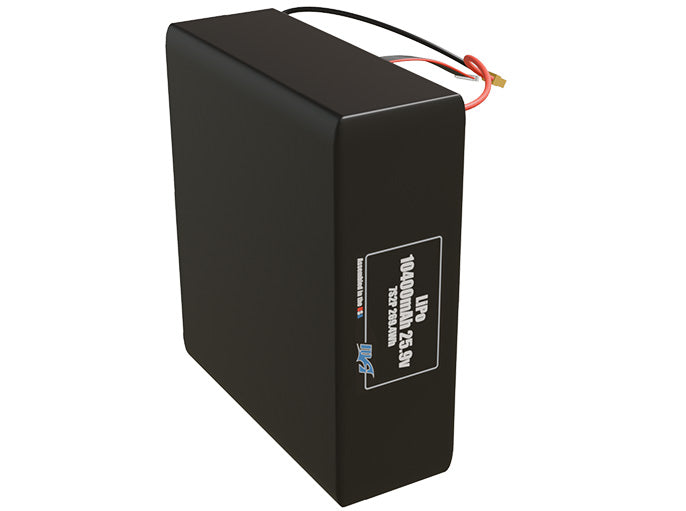 Side-angle render of a 25.9-volt 10400mAh lithium-polymer battery, assembled in the USA for compact UAV, drone, and military robotics platforms.