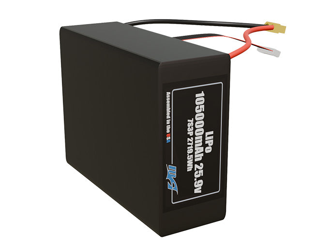 Side-angle render of a 25.9-volt 105000mAh lithium-polymer battery, assembled in the USA for compact UAV, drone, and military robotics platforms.