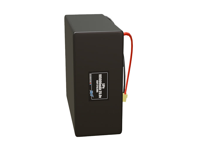 Side-angle render of a 25.9-volt 105000mAh lithium-polymer battery, assembled in the USA for compact UAV, drone, and military robotics platforms.