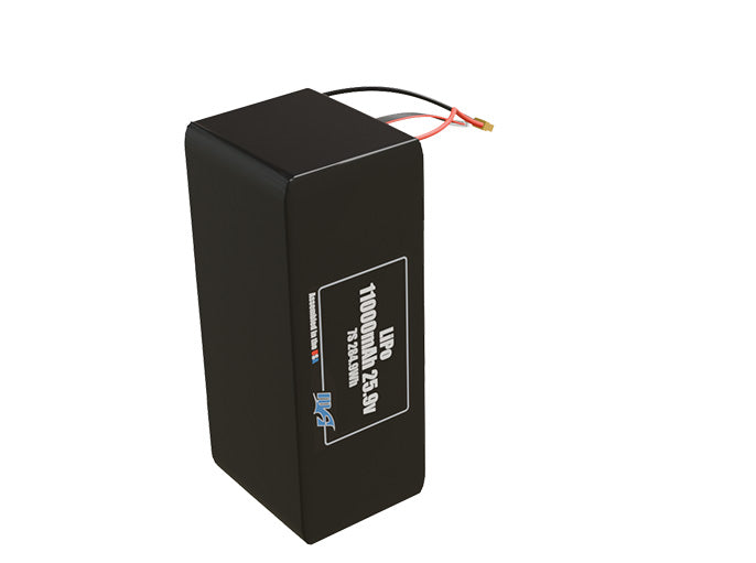 Side-angle render of a 25.9-volt 11000mAh lithium-polymer battery, assembled in the USA for compact UAV, drone, and military robotics platforms.